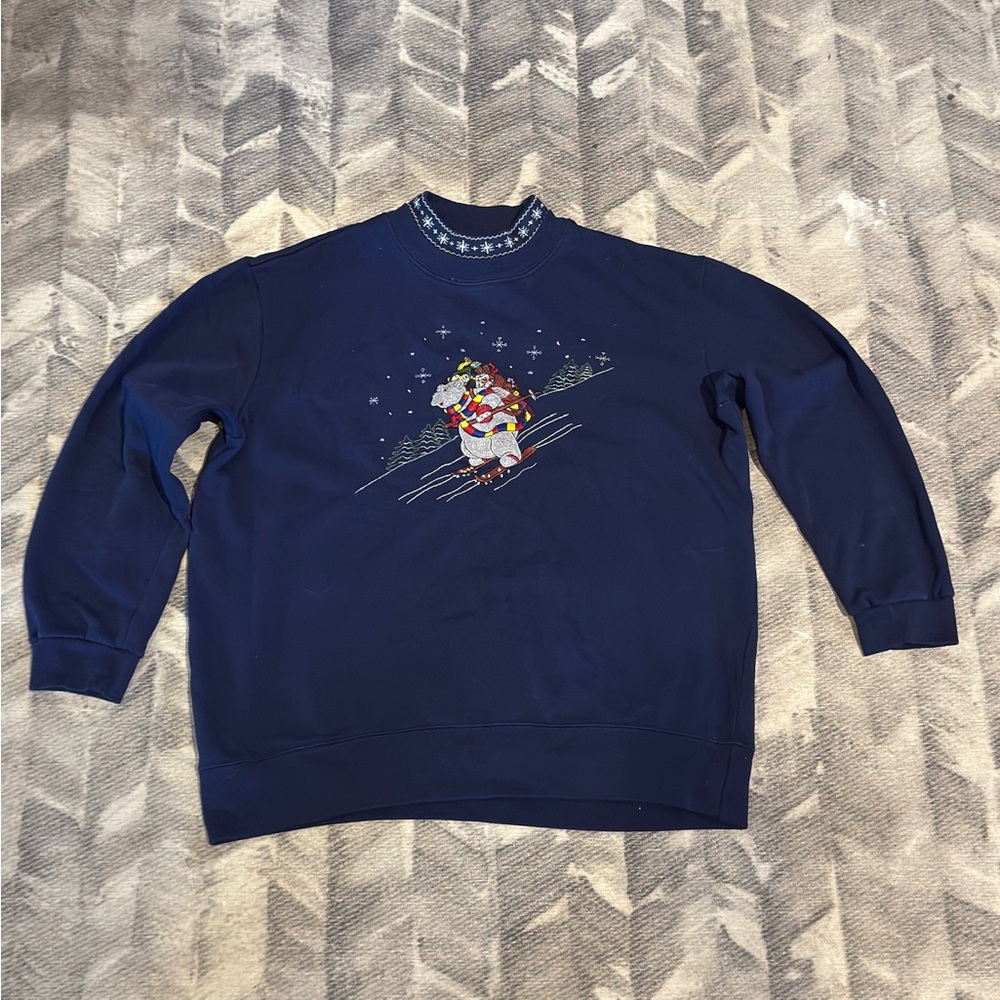 Vintage Bobbie Brooks Sweatshirt Womens Large Navy Blue Skiing Bear Embroidered